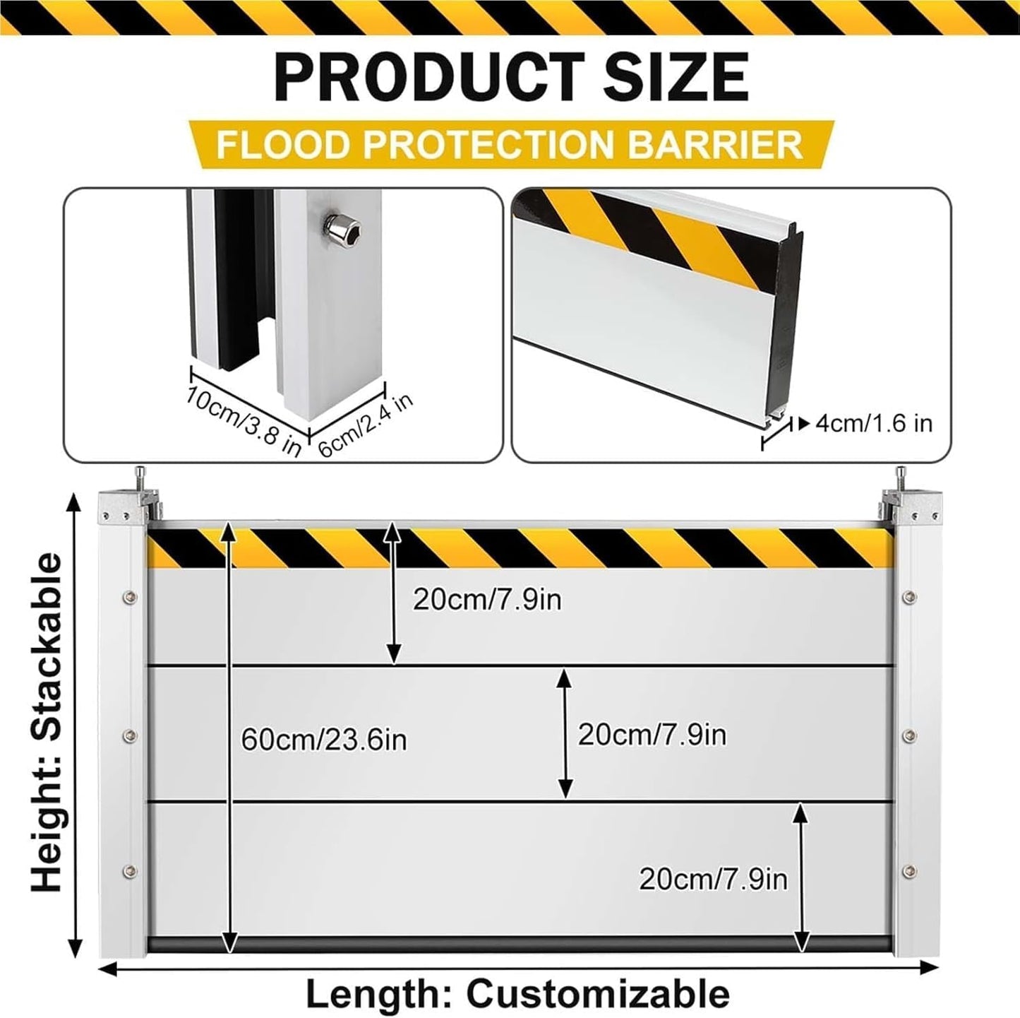 Reusable Heavy Duty Aluminum Flood Barriers for Home Exterior, Flood Protection Barriers Water Barrier Door Quick Detachable Garage Doors Detachable Mobile Rain Water Baffle ( H 15.7 inch L 5FT)