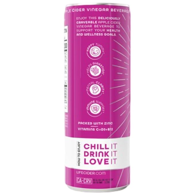 Life Cider | 12 Pack (12 Fl Oz) | Tropical Raspberry | Sparkling Apple Cider Vinegar Beverage | Digestive Health & Immunity Benefits | Low Calorie & Low Carb Drinks | Vitamins C, D3, Zinc, B12