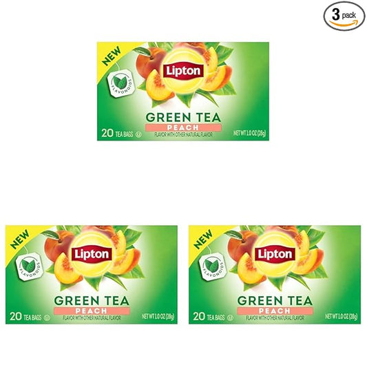 Lipton Peach Green Tea Bags, Flavored, Unsweetened Teabags for Hot Tea or Peach Iced Tea with Caffeine and Flavonoids, 20 Total Tea Bags (Pack of 3)