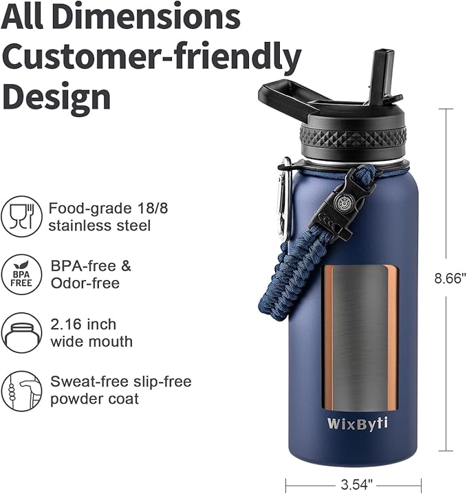 32 oz Insulated Water Bottle with Straw (Cold for 48 Hrs), Stainless Steel Triple Wall Vacuum Sports Water Jug, Leakproof Hydro Cup Flask with Paracord Handle & Straw Spout Lids & DIY Stickers