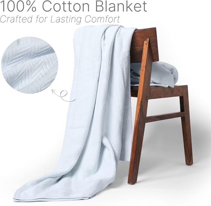 100% Cotton Herringbone Weave Blankets, 66"X90" Twin, Throw Blanket for Bed,All Season Cotton Blanket, Cozy Blanket,Throws Bed Blanket, Throw Blanket for Couch,Modern Home Decor -Light Blue