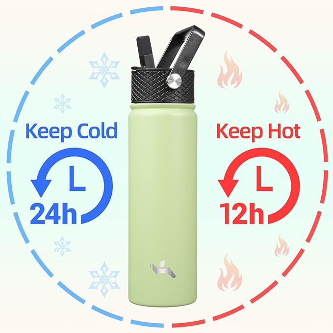 22oz Stainless Steel Bottles with 3 Lids Sport Insulated Water Bottle,Macaron Green