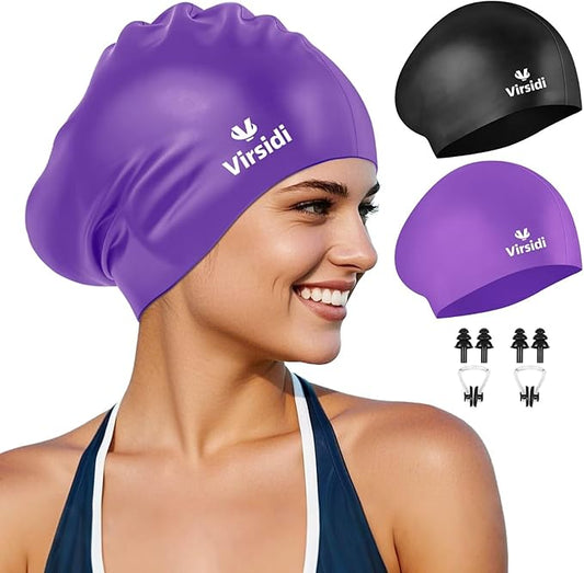 2 Pack Swim Cap for Women Men Adult, Silicone Swimming Caps for Short Long Hair, Waterproof Swim Hats Bathing Caps to Keep Hair Dry with Nose Clip and Earplugs