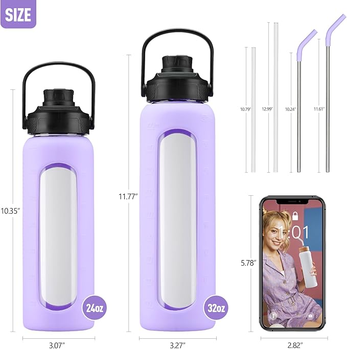 Kodrine Water Bottle with Straw, 24 oz Glass water Bottle with 2 Lids Bamboo Straw Lid and Spout Lid with Handle, 32 oz Clear Water Bottle Glass for Sports Travel, Waterbottle with Time Marker