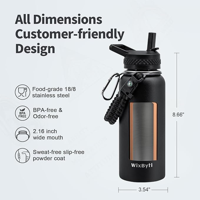 32 oz Insulated Water Bottle with Straw (Cold for 48 Hrs), Stainless Steel Triple Wall Vacuum Sports Water Jug, Leakproof Hydro Cup Flask with Paracord Handle & Straw Spout Lids & DIY Stickers
