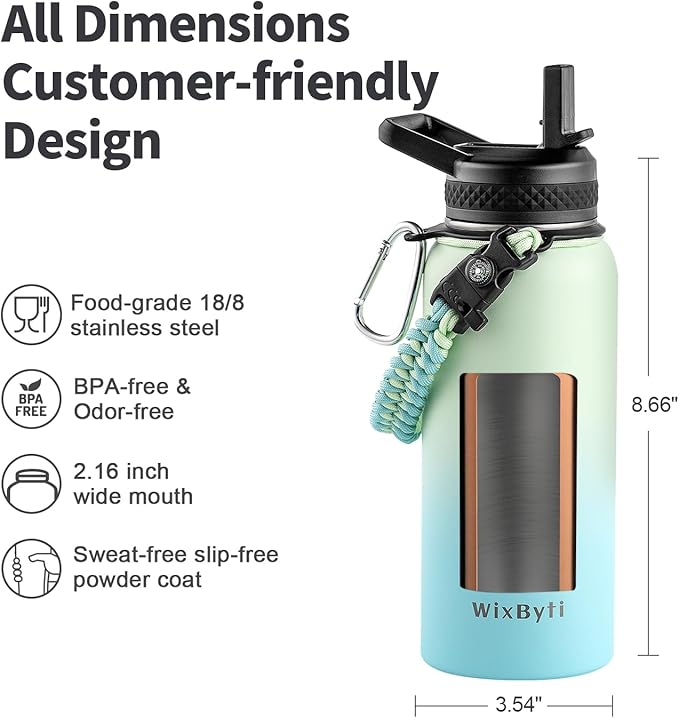 32 oz Insulated Water Bottle with Straw (Cold for 48 Hrs), Stainless Steel Triple Wall Vacuum Sports Water Jug, Leakproof Hydro Cup Flask with Paracord Handle & Straw Spout Lids & DIY Stickers