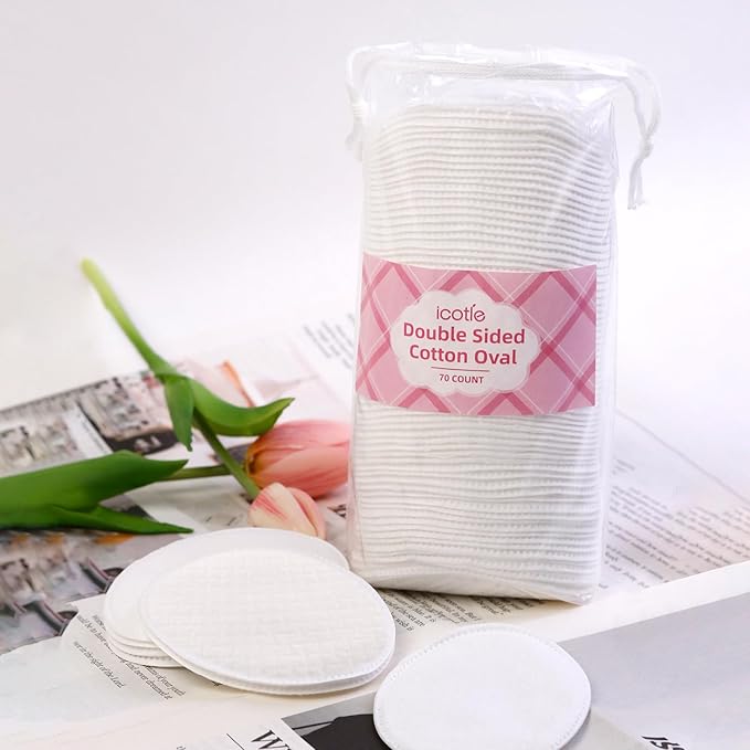 Large Oval Cotton Pads, 70 Count, 3-Layer, Dual Textured Design, Lint-Free, Ultra-Soft Cotton Oval for All Skin Types Cotton Pads for Makeup Removal, Cleansing, Skin Care etc.