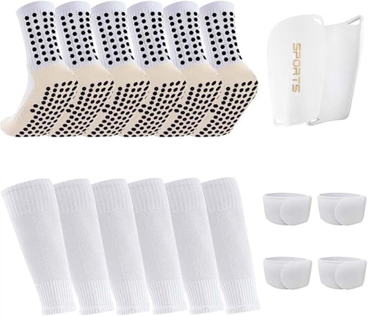 3 Pairs Mens Grip Soccer Socks, 3 Pairs Shin Sleeves with 1 Pack Shin Guards and 4 Shin Straps, Soccer Football Game Set 11 Pcs
