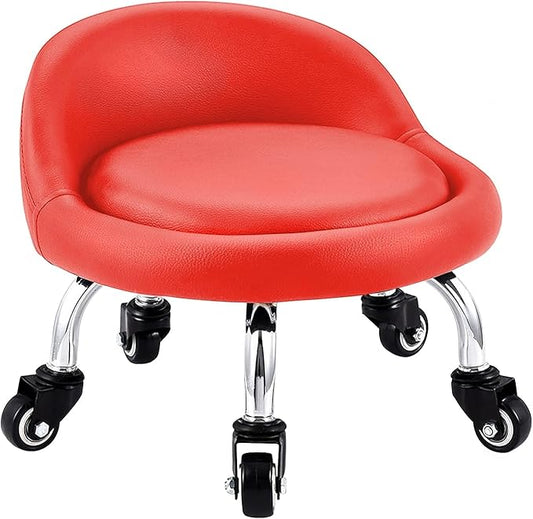 Lanstics Low Rolling Stool with Leather Roller Seat and Backrest - Universal Wheels for Home Office and Fitness (Red)