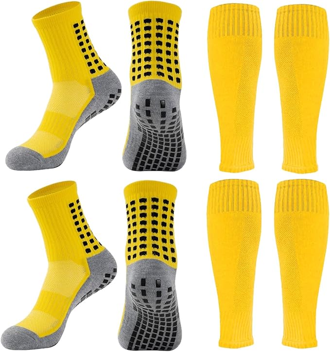 2 Set Anti-Slip Grip Soccer Socks with Shin Guard Sleeves, Sports Athletic Socks for Men Women
