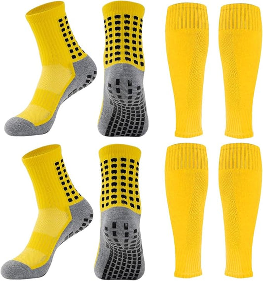 2 Set Anti-Slip Grip Soccer Socks with Shin Guard Sleeves, Sports Athletic Socks for Men Women