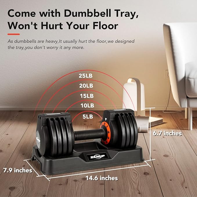 25/55 lbs Pair Adjustable Dumbbells Set, Adjustable Weights Dumbbells Set for Men and Women with Anti-Slip Fast Adjust Weight by Turning Handle,Black Dumbbell with Tray