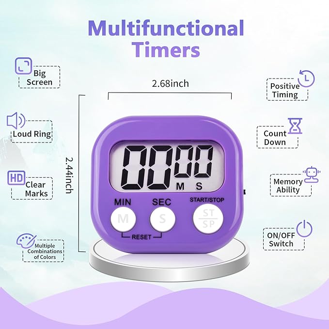2 Pack Pack Digital Kitchen Timer Magnetic Digital Timer with Big Display Loud Ring Cooking Timers for Cooking, Game, Gym, Break Time, Classroom (2, Blue, Purple)