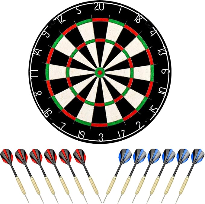 LinkVisions Dartboard with Staple-Free Bullseye, 18g Steel Tip Darts Set,12 Steel Tip Darts 18g, Dartboard Mounting Kits Included