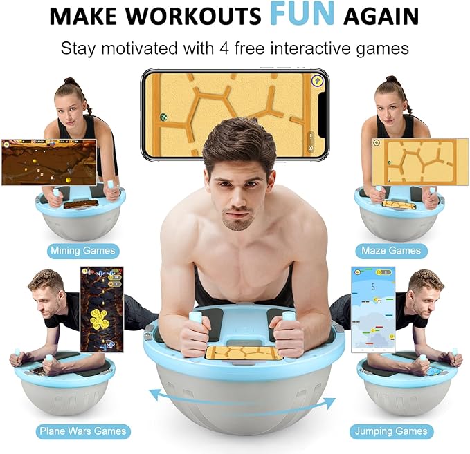 2-in-1 Balance Ball & Plank Board Trainer with App & 4 Interactive Games, Half Exercise Ball for Pilates & Yoga, Core Strength Training, Home Gym Workout, with 2 Resistance Bands & Pump