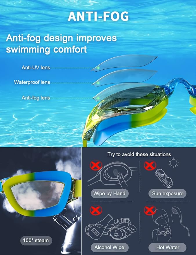 Kids Swim Goggles, Swimming Goggles for Kids with Nose Clip, Earplugs, Nose Bridge for Age 3-15