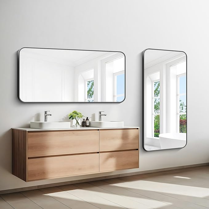 24x48 inch Bathroom Mirror,Black Rectangle Mirror,Wall Mounted Bathroom Frame Vanity Mirror with Round Corner for Bedroom Living Room, Entryway Hangs Horizontal or Vertical