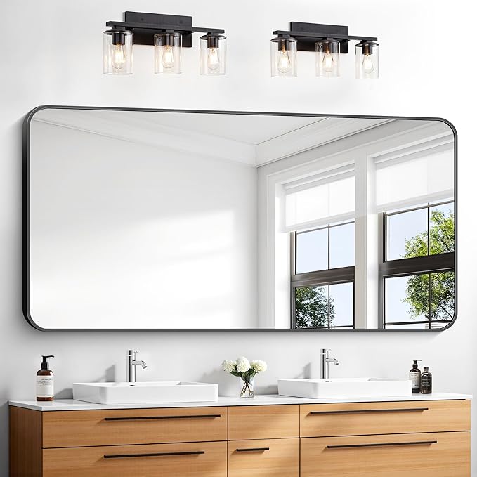 30x60 inch Bathroom Mirror,Black Rectangle Mirror,Wall Mounted Bathroom Frame Vanity Mirror with Round Corner for Bedroom Living Room, Entryway Hangs Horizontal or Vertical