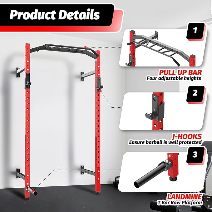 1600LB Wall Mounted Power Rack, Commercial Squat Rack for Home Gym with Multi-Grip Pull Up Bar, j-Cups & Landmine Attachment for Home and Garage Gym