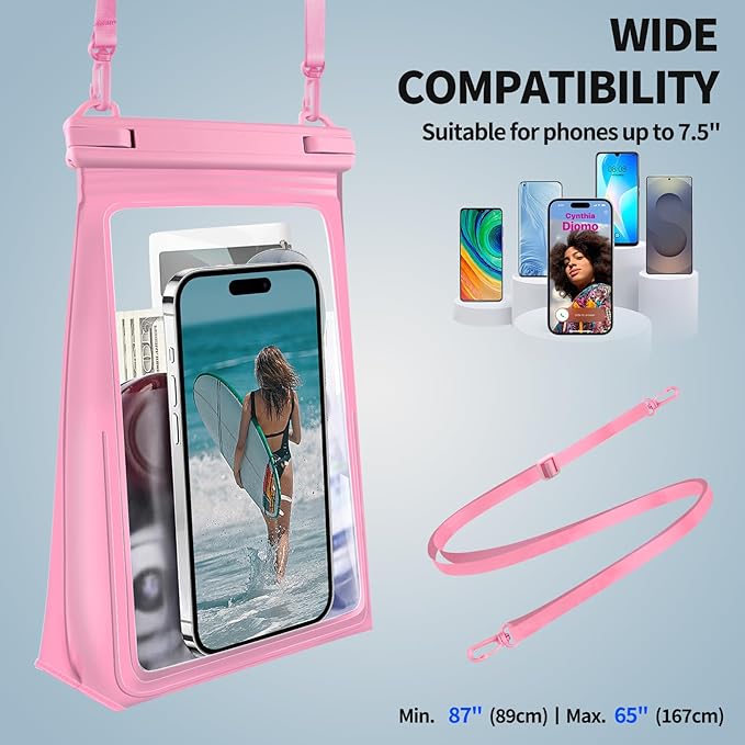 Large Waterproof Phone Pouch [with Sealing Strip], Cell Phone Dry Bag for iPhone 16 15 14 13 Pro Max Galaxy S25 S24 S23 All Devices, Floating Water Proof Bag for Beach Water Park Pink