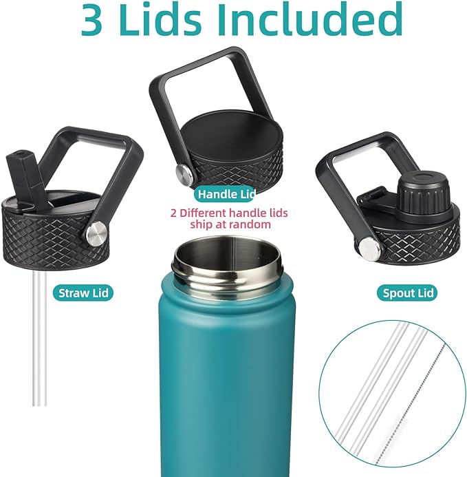 22oz Stainless Steel Bottles with 3 Lids Sport Insulated Water Bottle,Light Blue