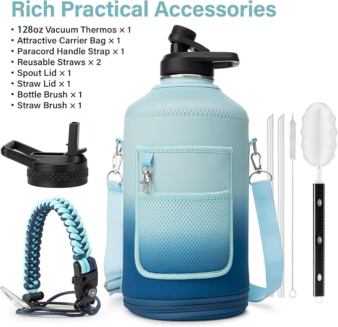 1 Gallon Water Bottle Insulated | Thickened Stainless Steel Vacuum Metal Water Jug | Portable Sports Large for Gym and Hiking with Straw, Carrier Bag, Handle Strap | BPA-Free 128 oz