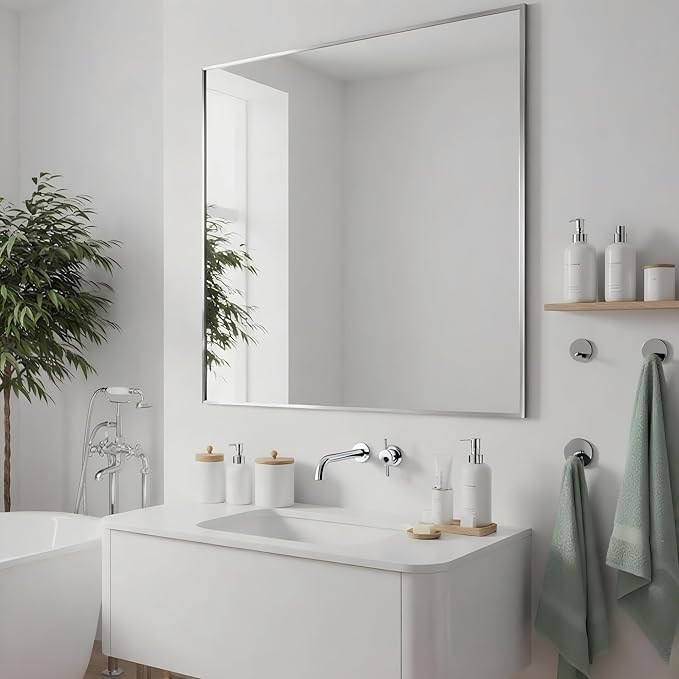30x30 Inch Nickel Bathroom Mirror for Wall, Aluminum Frame Rectangle Rectangular Vanity Mirror, Modern Large for Bedroom, Living Room, Horizontal or Vertical