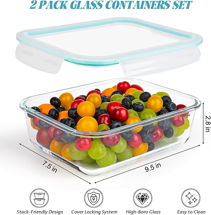 2Pack 9.8 Cups/ 78 Oz Large Glass Food Storage Containers with Lids, Glass Meal Prep Containers with Airtight Lids - BPA Free, Leakproof, Ideal for Food Storing/Serving, Microwave/Oven Safe