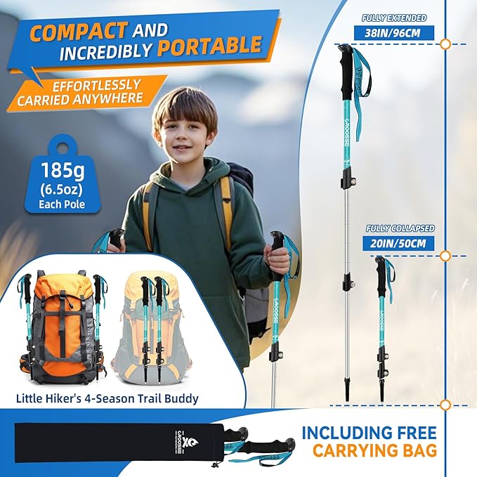 Lightweight Collapsible Kids Hiking Poles - Retractable Kids Hiking Stick, Telescoping Aluminum Trekking Poles 2 Pack, Adjustable Kids Ski Poles by Croosse
