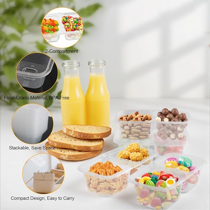 20 Pack Reusable 2-Compartment Snack and Sauce Containers with Lids, Leak-Resistant Dip and Condiment Cups for Meal Prep, Portion Control, Outdoor Use, Freezer & Dishwasher Safe-pink