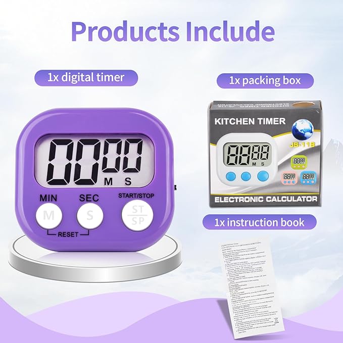 2 Pack Pack Digital Kitchen Timer Magnetic Digital Timer with Big Display Loud Ring Cooking Timers for Cooking, Game, Gym, Break Time, Classroom (2, Blue, Purple)