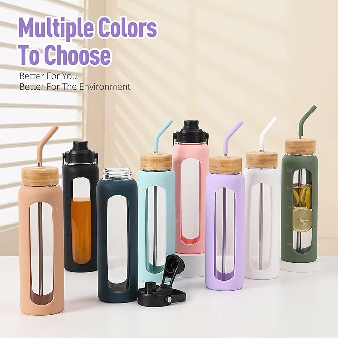 Kodrine Water Bottle with Straw, 24 oz Glass water Bottle with 2 Lids Bamboo Straw Lid and Spout Lid with Handle, 32 oz Clear Water Bottle Glass for Sports Travel, Waterbottle with Time Marker