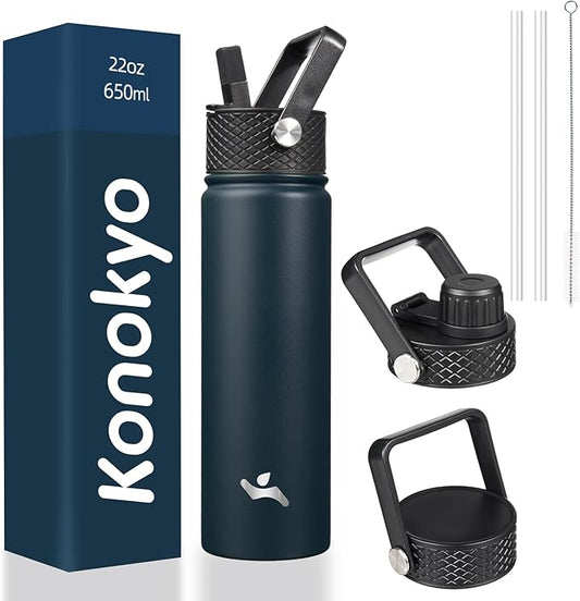 22oz Stainless Steel Bottles with 3 Lids Sport Insulated Water Bottle,Navy Blue