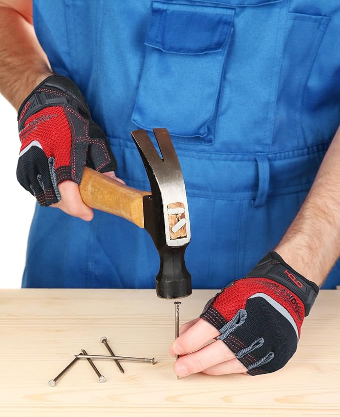 'HANDLANDY Fingerless Work Gloves for Men and Women Utility Padded Half Finger Driving Working Gloves (Small, Red)