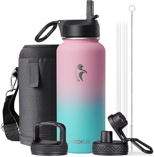 32 oz Insulated Water Bottle with Straw&3 Lids, Coolflask Stainless Steel Metal Flask Wide Mouth for Sports or Office, Non-BPA Keep Cold Up to 48 Hrs or Hot Up to 24 Hrs, Bubblegum Princess