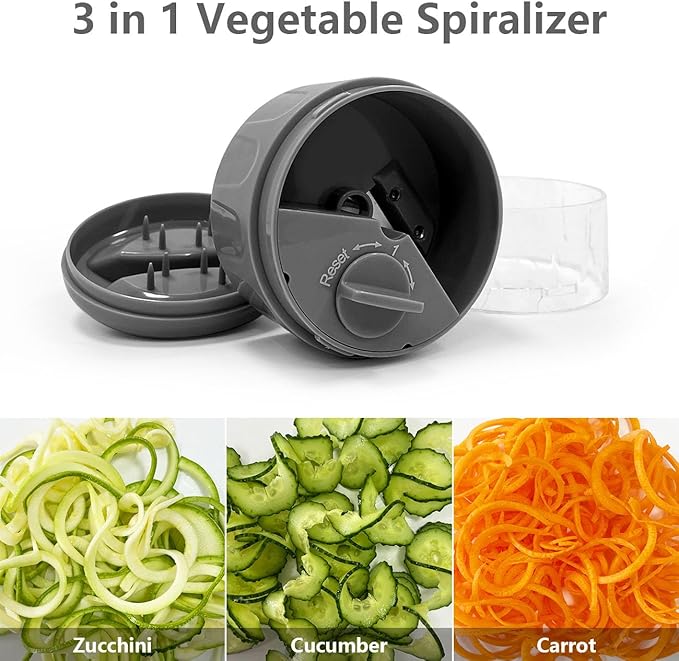 3 in 1 Vegetable Spiralizer Slicer, Adjustable Zucchini Carrot Noodle Maker, Cucumber Spiral Cutter, Easy to Use Kitchen Tool（Dark Grey）