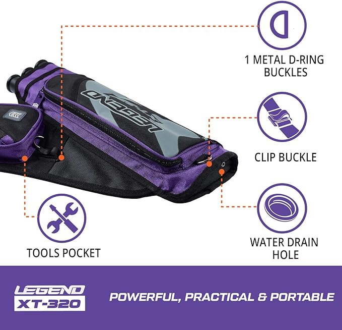 LEGEND XT320 Archery Quivers - Nylon Hip Quivers with 3 Arrow Tube Cases for Target Shooting - Adjustable Waist Belt, T-Slot, Storage Compartments for Accessories, Gear, Tools, Release Tab, Score Card