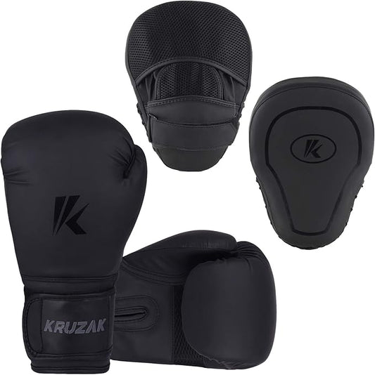 Kruzak Matte Black Boxing Gloves and Pads, Boxing Gloves Training Set for Kickboxing and Muay Thai MMA Training - Boxing Kit for Adults with Punching Pads for Martial Arts and Karate