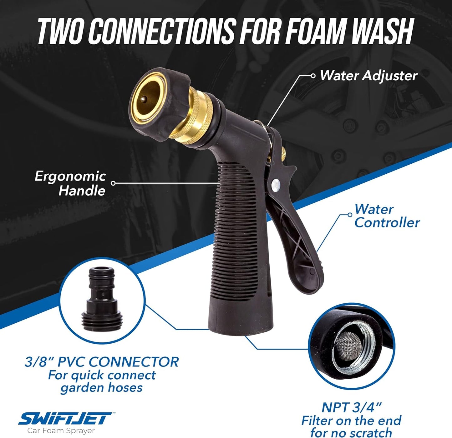 SwiftJet Car Wash Foam Gun + Microfiber Wash Mitt - Car Foam Sprayer - Car Wash Kit - Foam Cannon Garden Hose Sprayer - Car Accessories for Men - Snow Foam Blaster (Blue Foam Gun with Mitt)