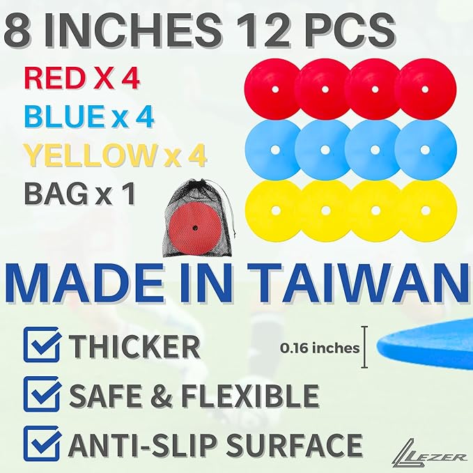 LEZER 6 Inch 8 Inch Flat Cones, Spot Markers, Soccer Cones, Field Court Markers, Sit Spots, Flat Discs, Soccer Training Equipment, Agility Practice, Football, Made in Taiwan