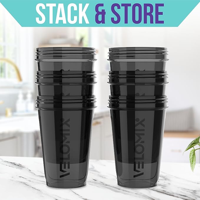'-6 PACK- Shaker Cups for Protein Shakes 20 oz - 6x Wire Whisk | Leak Proof Protein Shaker Bottle for Protein Shakes, Shaker Bottle Pack for Pre & Post Workout, Shaker Cup (ALL IN BLACK)