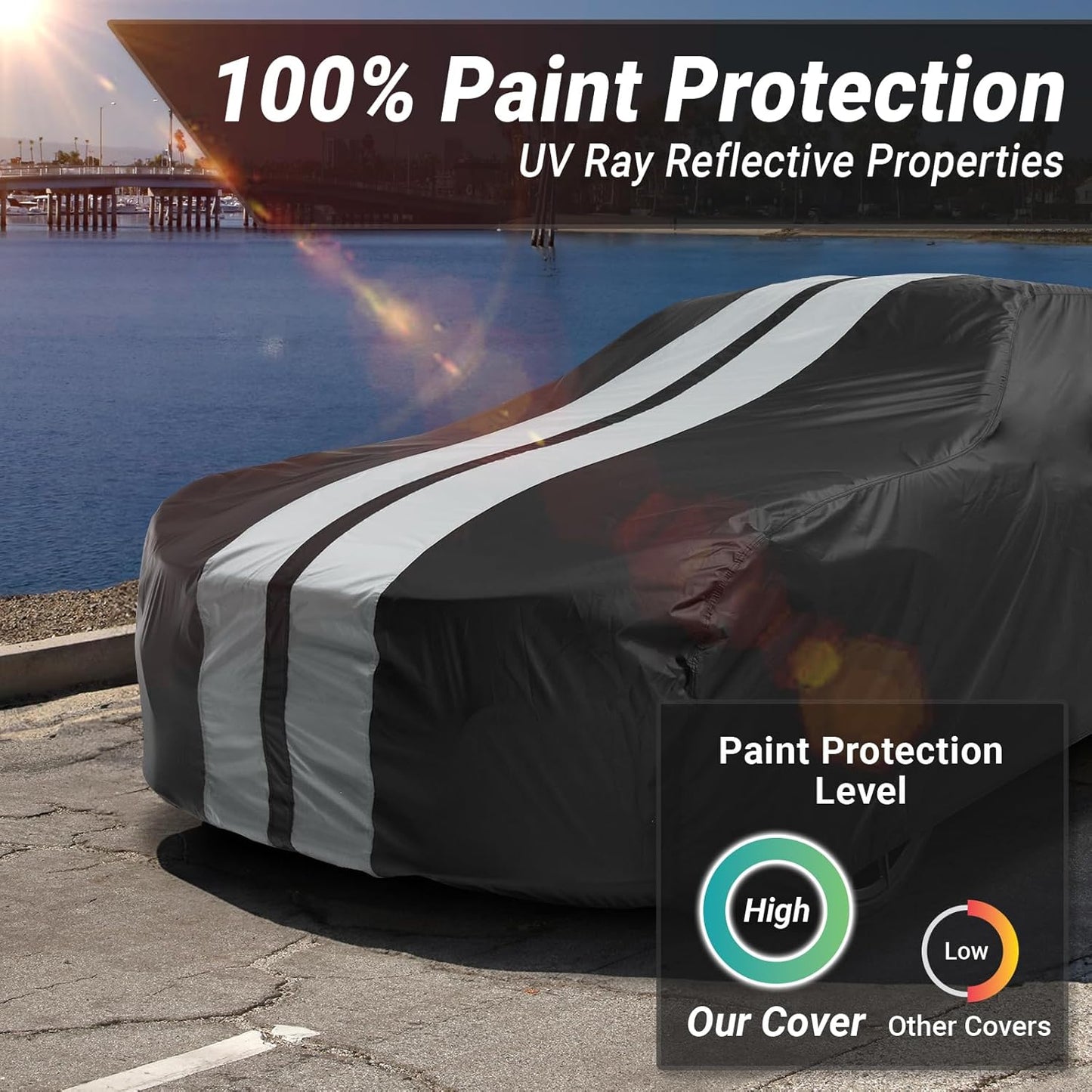 iCarCover Custom Car Cover Compatible with Camaro 1974-1981, Waterproof All Weather Rain Snow UV Sun Protector Full Exterior Indoor Outdoor Car Covers, Stripe (Black/Gray)