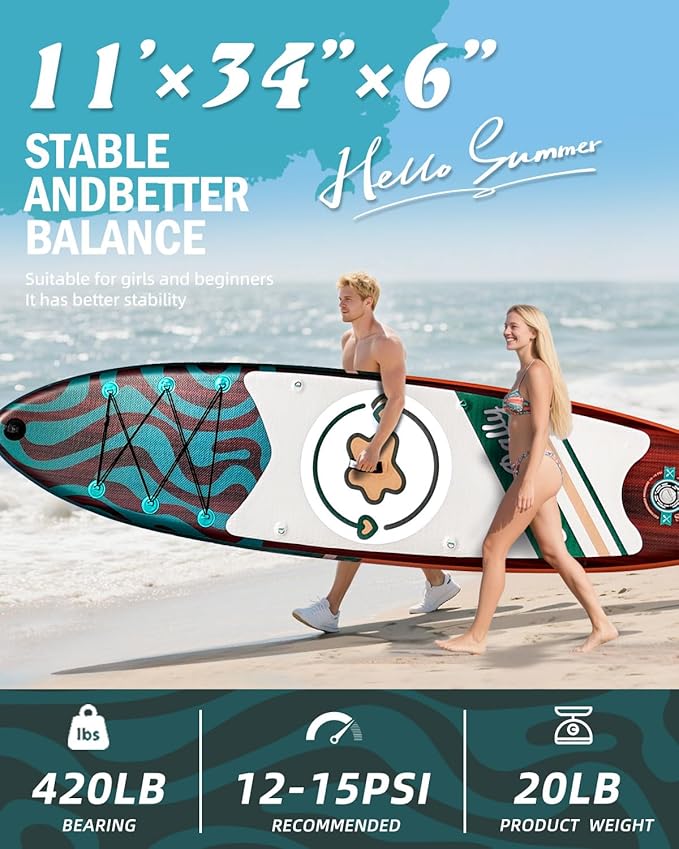 11'Stand Up Paddle Boards Surf Control with Premium SUP Board Accessories Backpack & Removable Fins, 34" Wide Inflatable Paddle Boards of All Skill Levels