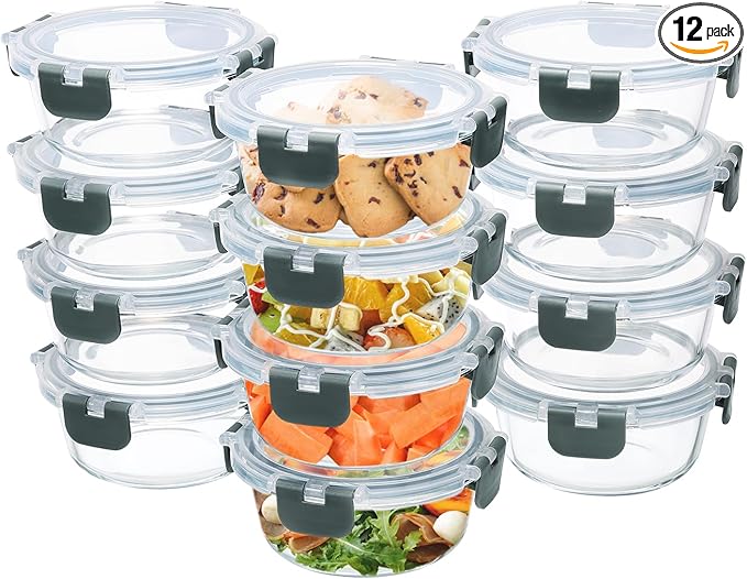 12 Pack Small Glass Food Storage Containers with Lids Airtight, 13oz Leak-Proof Meal Prep Containers Set, Freezer to Microwave Safe, Dishwasher Safe