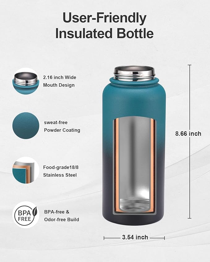 32oz Insulated Water Bottle,Stainless Steel Vacuum Water Bottle, BPA-Free & Leakproof -with Paracord Handle,Strap,Straw Spout Lids,Large Water Jug for Gym Sports