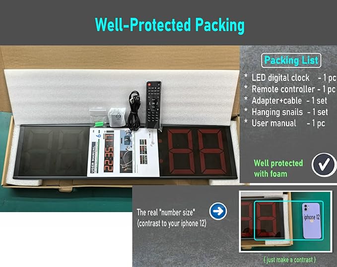 26'' Extra Large Home Gym Timer Clock, Programable Workout Interval Timer, Digital Wall Clock, with 7-Color Night Light, 8 Alarm Clocks, Calendar/Temperature, Countdown & Stopwatch (Green)