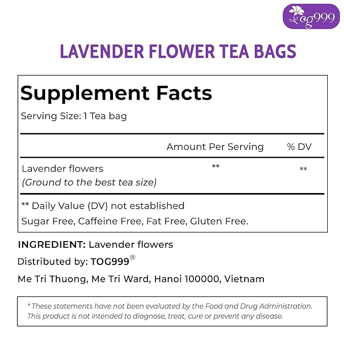 120 Lavender Flower Tea Bags, 100% Natural & Pure from Lavender Flowers. Loose Flower Lavender Herbal Tea. Lavender Flower Tea. No Sugar, No Caffeine, No Gluten, Vegan.