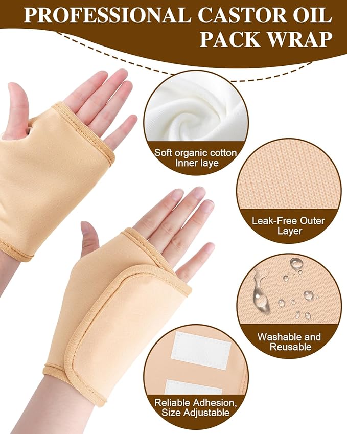 2 Pcs Castor Oil Pack Wrap for Hands, Reusable Organic Cotton Hand Castor Oil Pads, Self Adhesive Adjustable Hand Wraps, Prevent Leakage, Comfort Fit (Khaki)