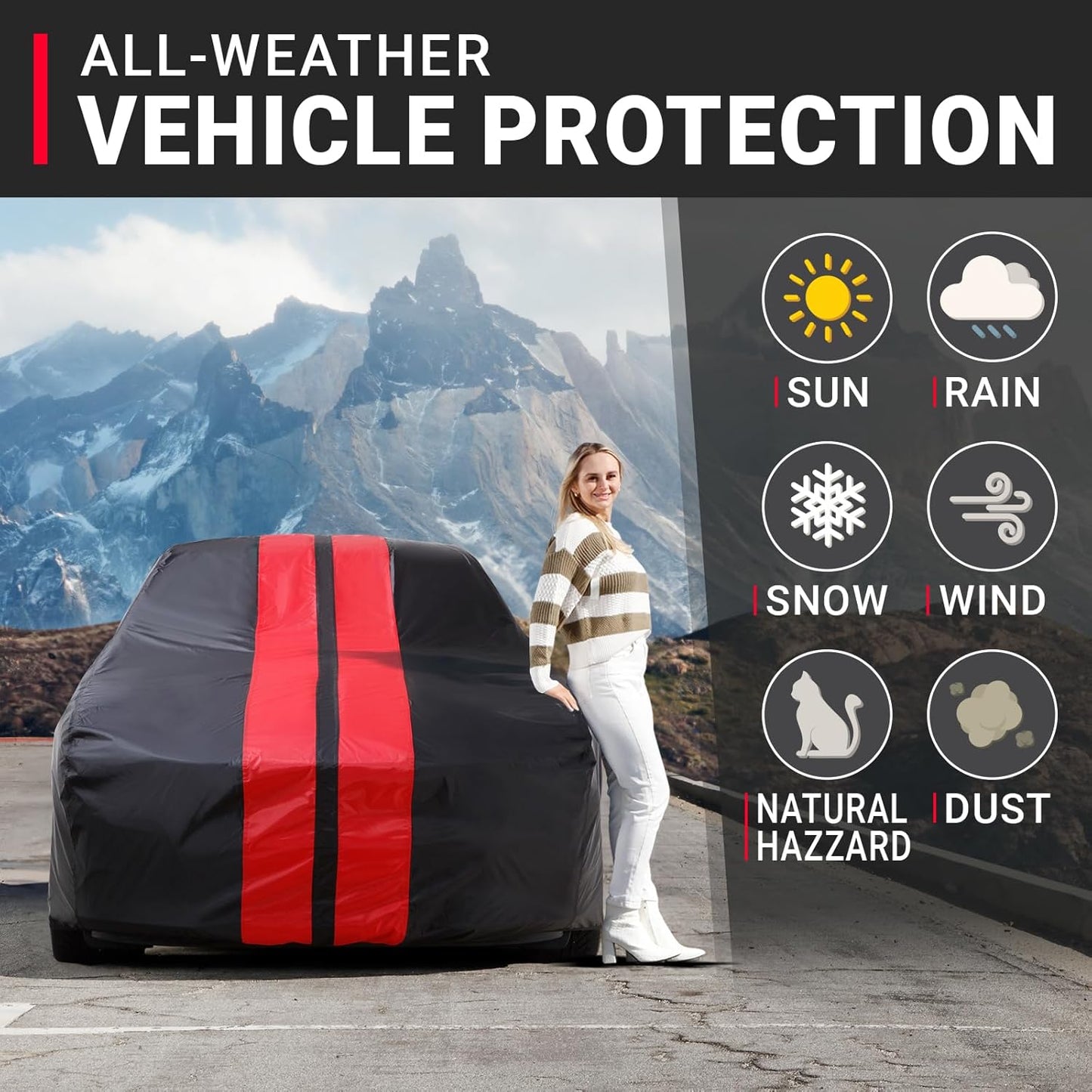 iCarCover Custom Car Cover Compatible with Camaro 1967-1969, Waterproof All Weather Rain Snow UV Sun Protector Full Exterior Indoor Outdoor Car Covers, Stripe (Black/Red)