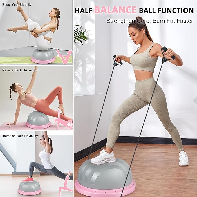 2-in-1 Balance Ball & Plank Board Trainer with App & 4 Interactive Games, Half Exercise Ball for Pilates & Yoga, Core Strength Training, Home Gym Workout, with 2 Resistance Bands & Pump